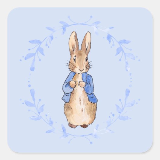 Peter het Konijn met blauwe bladkrans Vierkante Sticker (Voorkant)