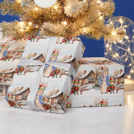 Peter het Konijn met Elf en besneeuwd landschap Cadeaupapier (Feestdagen)