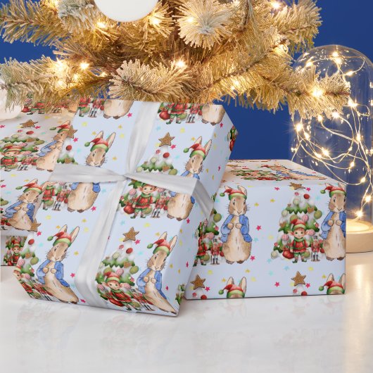 Peter het konijn met elf en kerstboom cadeaupapier (Feestdagen)