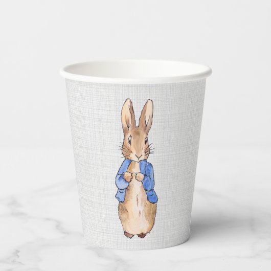 Peter het konijn met grijze linnen textuur papieren bekers (Achterkant)