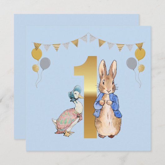 Peter het Konijn met Jemima Eerste Verjaardag Kaart (Voorkant / Achterkant)