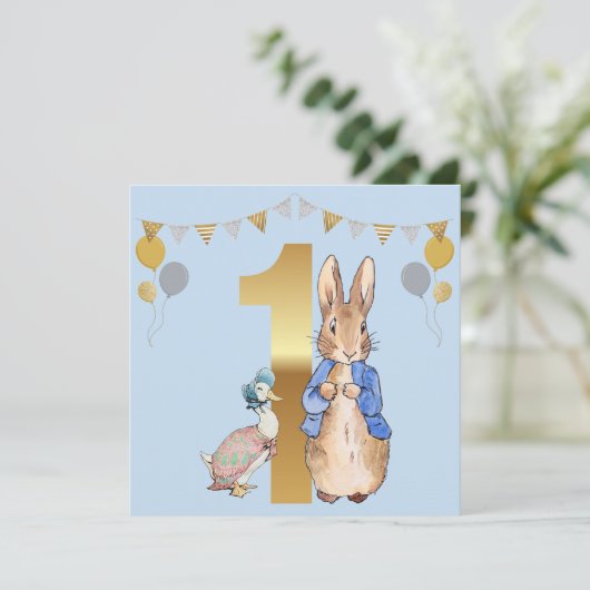 Peter het Konijn met Jemima Eerste Verjaardag Kaart (Staand voorkant)