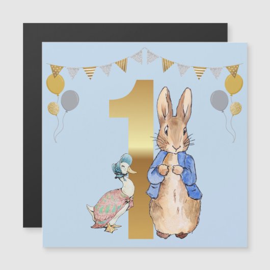 Peter het Konijn met Jemima Eerste Verjaardag Magnetische Uitnodiging (Voorkant / Achterkant)