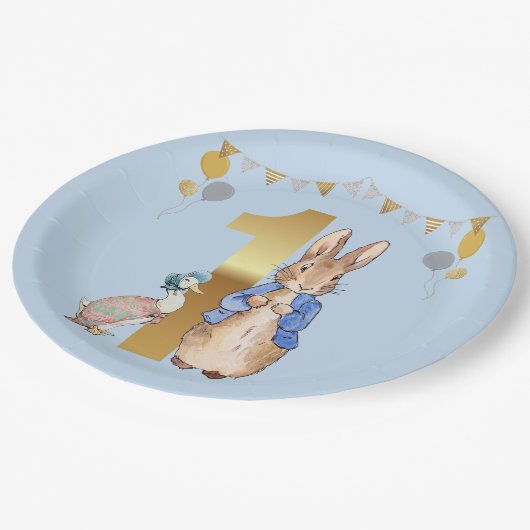 Peter het Konijn met Jemima Eerste Verjaardag Papieren Bordje (Gekanteld)