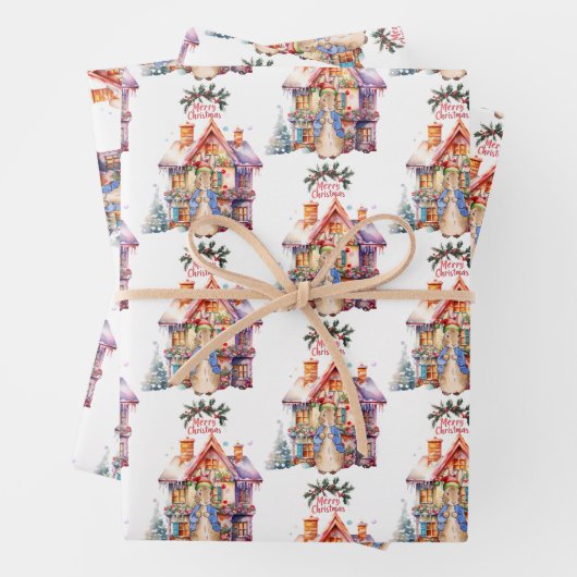 Peter het konijn met kersthuisje inpakpapier vel (In situ)