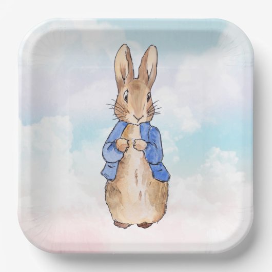 Peter het konijn pastel blauw en roze wolken papieren bordje (Voorkant)