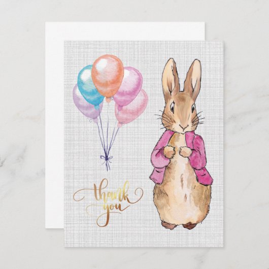 Peter het Konijn Roze Jas Grijze Linnen Bedankkaart (Voorkant / Achterkant)