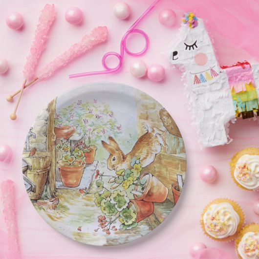 Peter het konijn tuimelt in tuinhuisje papieren bordje (Feest)