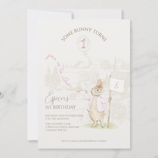 Peter het konijn wat konijn 1e verjaardag roze kaart (Voorkant)