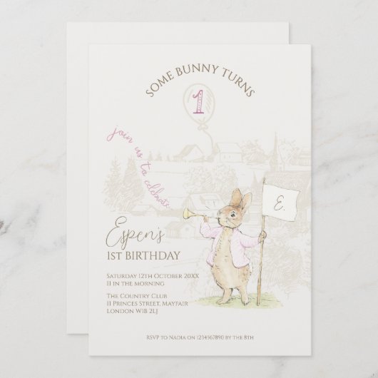 Peter het konijn wat konijn 1e verjaardag roze kaart (Voorkant / Achterkant)