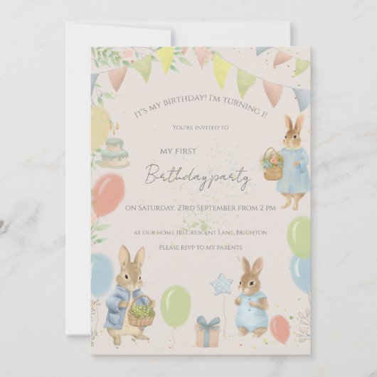 Peter Konijn 1e Verjaardagsfeest Uitnodiging (Voorkant)