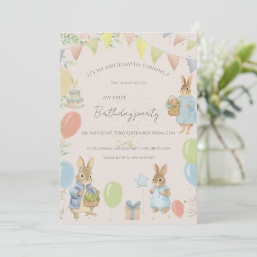 Peter Konijn 1e Verjaardagsfeest Uitnodiging (Staand voorkant)