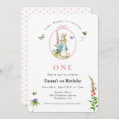 Peter Konijn Meisje Eerste verjaardag uitnodiging (Voorkant / Achterkant)