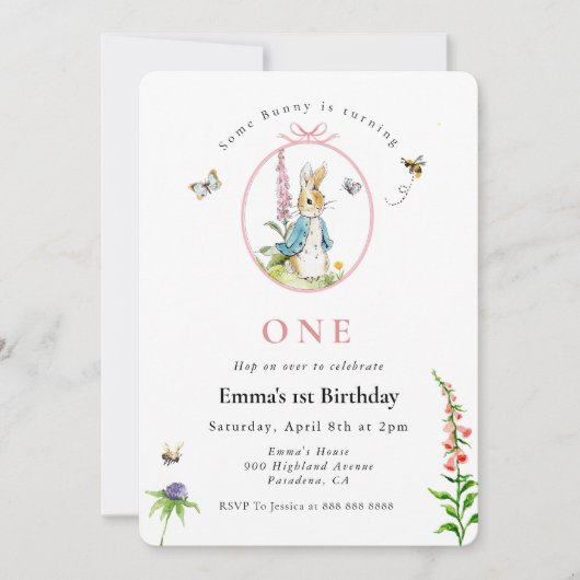 Peter Konijn Meisje Eerste verjaardag uitnodiging (Voorkant)