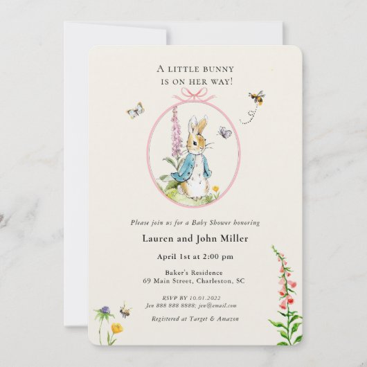  Peter Konijn Roze Baby meisje Douche Kaart (Voorkant)