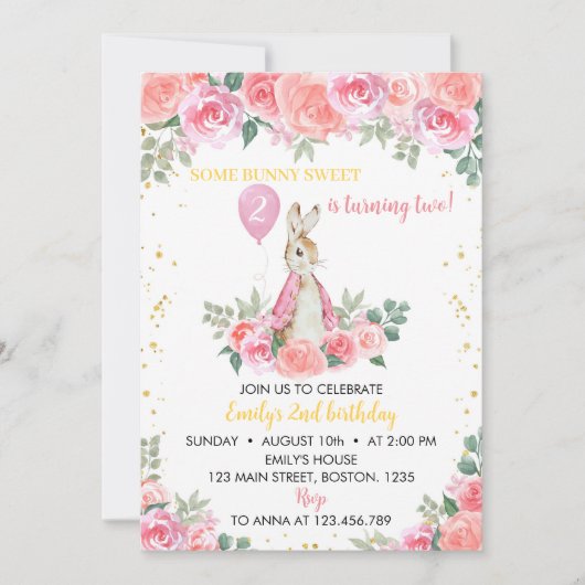 Peter Konijn Roze Bloemen Meisje Verjaardag Uitnod Kaart (Voorkant)