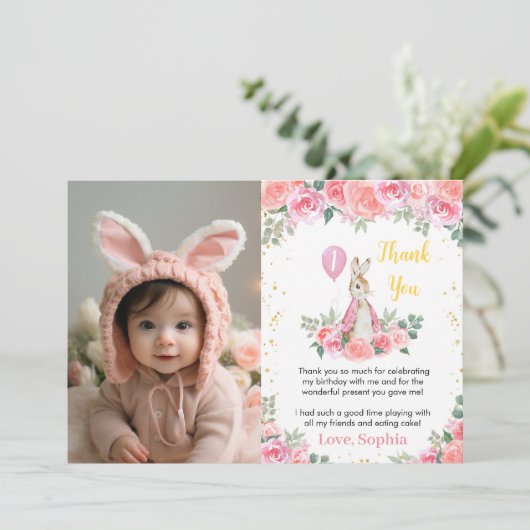 Peter Konijn Roze Dank u kaart Verjaardagsfeestje (Staand voorkant)