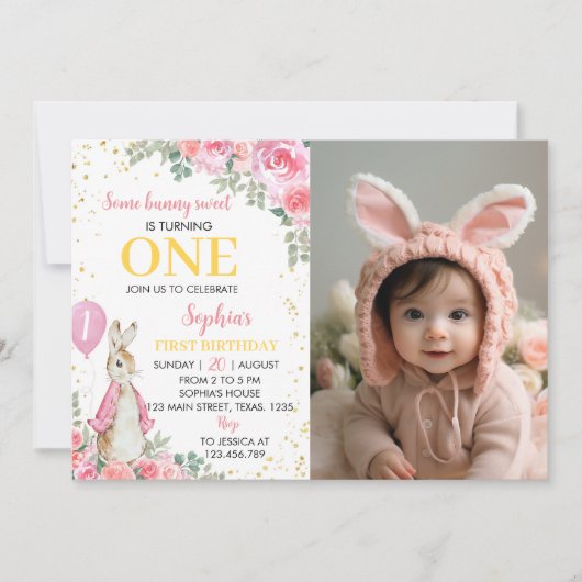 Peter Konijn Roze Verjaardag Foto Uitnodiging (Voorkant)