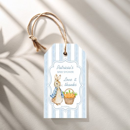 Peter konijn stoffige blauwe strepen baby shower g cadeaulabel