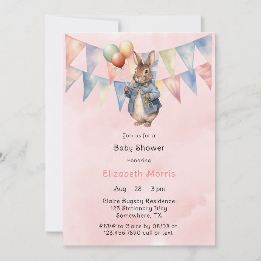 Peter Konijn Waterverf Baby Meisje Douche Kaart (Voorkant)