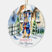 Peter konijn winter eerste kerstcadeaus foto keramisch ornament (Links)