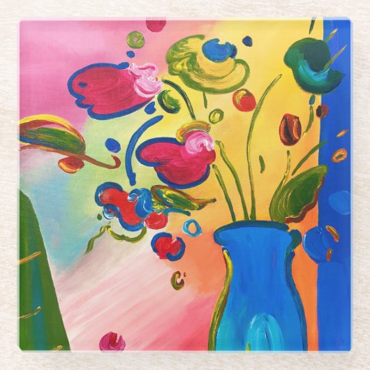 Peter Max geïnspireerd Flowers Glass Onderzetter (Voorkant)