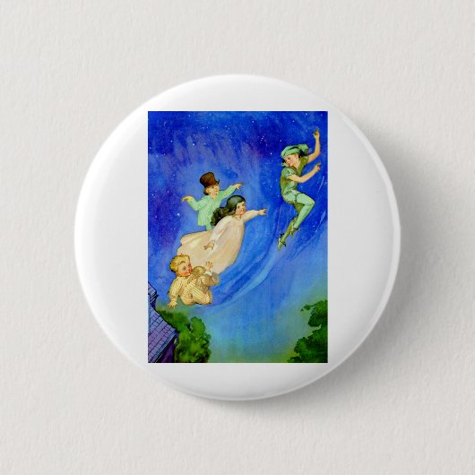 PETER PAN, WENDY, JOHN EN MICHAEL VLIEGEN WEG RONDE BUTTON 5,7 CM (Voorkant)