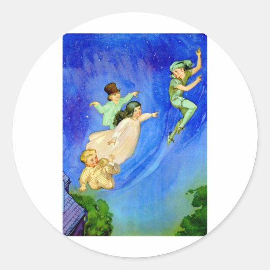 PETER PAN, WENDY, JOHN EN MICHAEL VLIEGEN WEG RONDE STICKER (Voorkant)