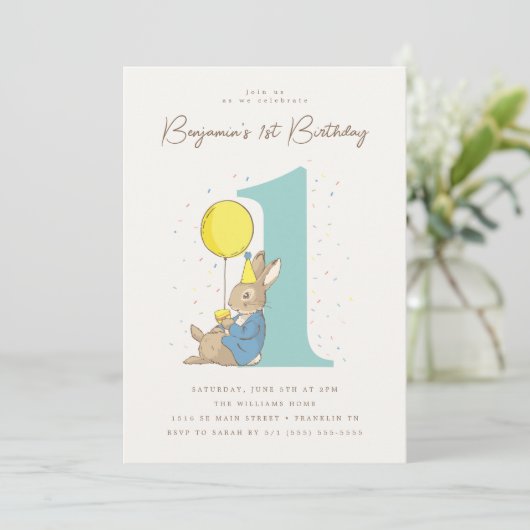 Peter Rabbit 1e verjaardag Confetti Kaart (Staand voorkant)