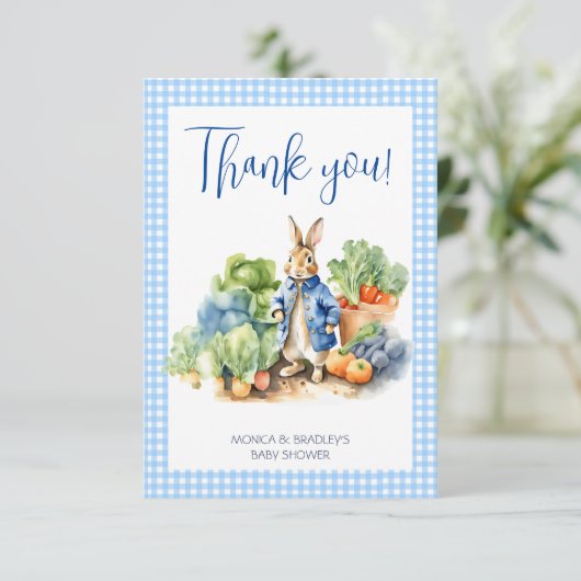 Peter rabbit baby boy baby shower dank u kaart (Staand voorkant)