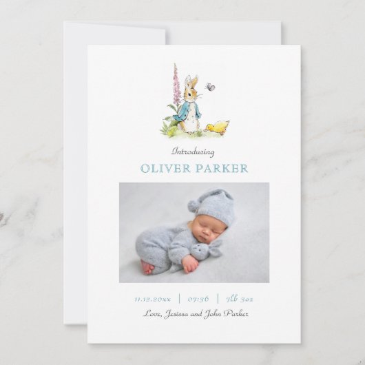 Peter Rabbit Baby Boy foto Geboorteaankondiging Aankondiging (Voorkant)