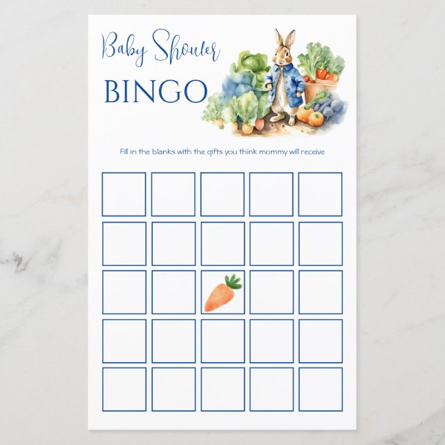 Peter Rabbit Baby shower bingo spel (Voorkant)
