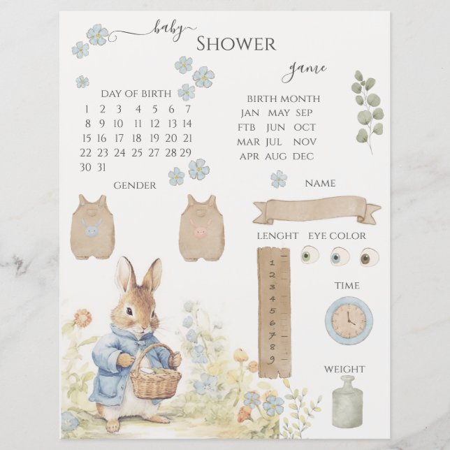Peter Rabbit Baby shower Guessing Spel (Voorkant)