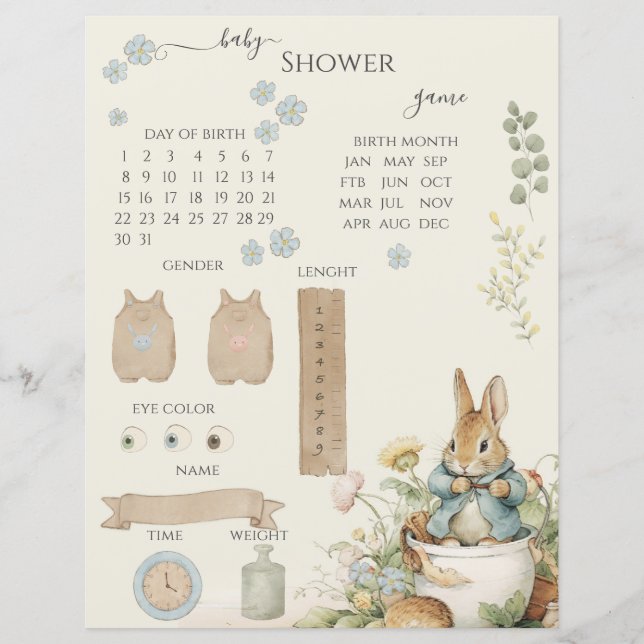 Peter Rabbit Baby shower Guessing Spel (Voorkant)