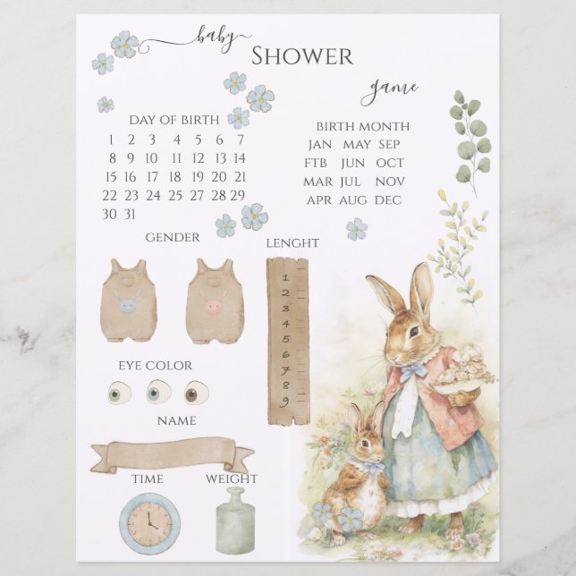 Peter Rabbit Baby shower Guessing Spel (Voorkant)