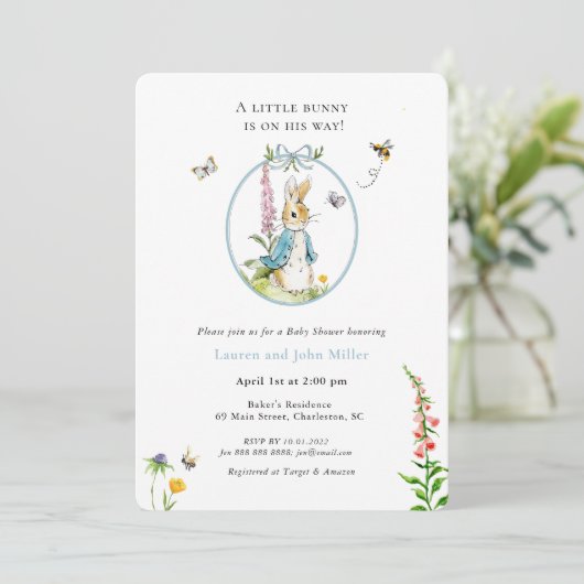 Peter Rabbit Blue Baby Boy Couples Baby shower Kaart (Staand voorkant)