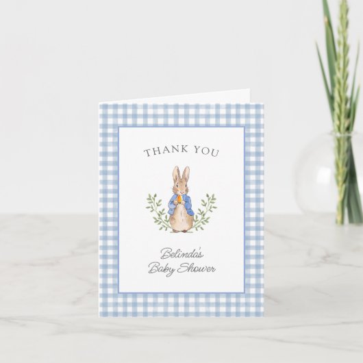 Peter Rabbit Blue Gingham Baby Shower Bedankkaart (Voorkant)