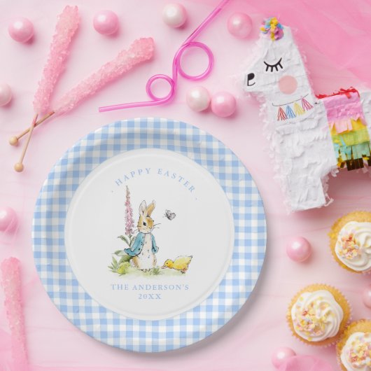 Peter Rabbit Blue Gingham border Paasbrunch Papieren Bordje (Feest)