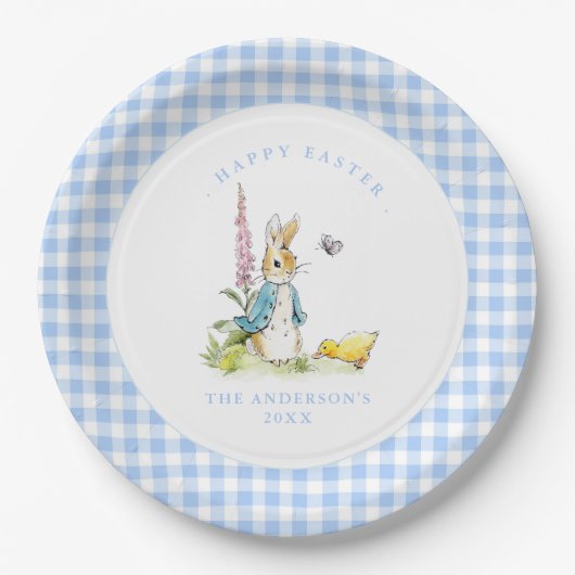 Peter Rabbit Blue Gingham border Paasbrunch Papieren Bordje (Voorkant)