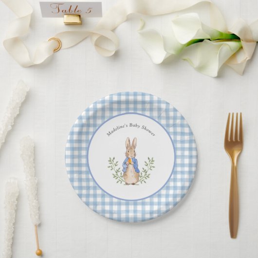 Peter Rabbit Blue White Gingham Baby shower Papieren Bordje (Huwelijk)