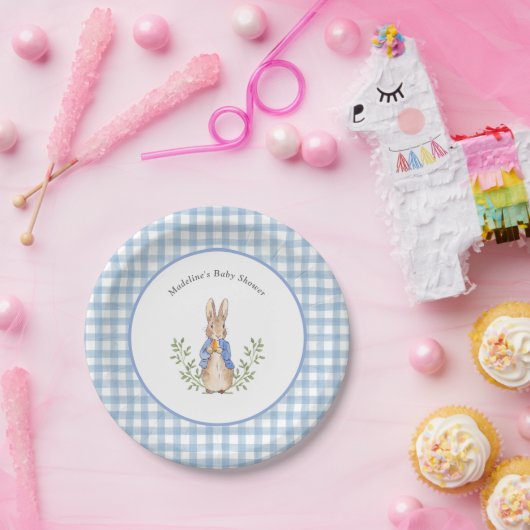 Peter Rabbit Blue White Gingham Baby shower Papieren Bordje (Feest)