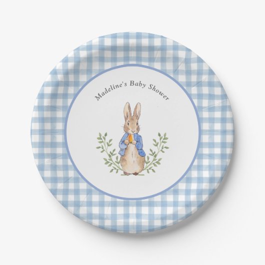 Peter Rabbit Blue White Gingham Baby shower Papieren Bordje (Voorkant)
