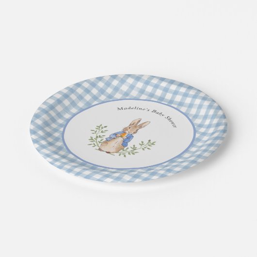 Peter Rabbit Blue White Gingham Baby shower Papieren Bordje (Gekanteld)