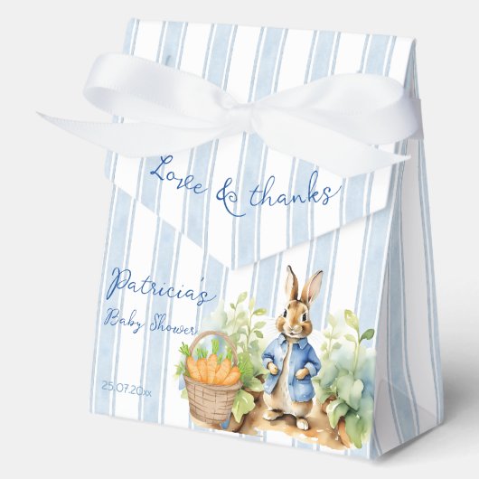 Peter rabbit dusty blue baby shower monogrammed bedankdoosjes (Voorkant)