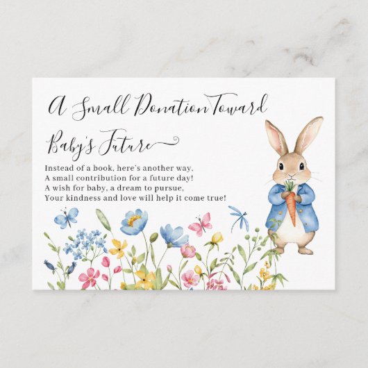 Peter Rabbit Floral een klein donatie Baby shower Informatiekaartje (Voorkant)