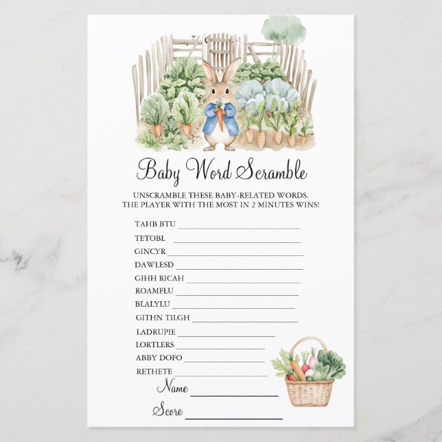 Peter Rabbit Garden Scramble Baby shower spel (Voorkant)
