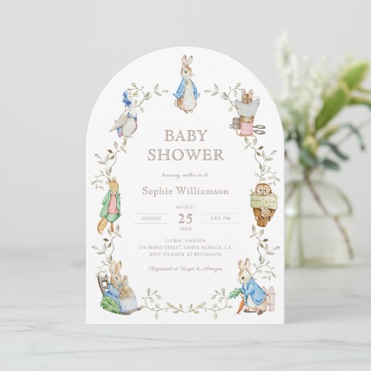 Peter Rabbit Greenery Waterverf Baby shower Arch Kaart (Staand voorkant)
