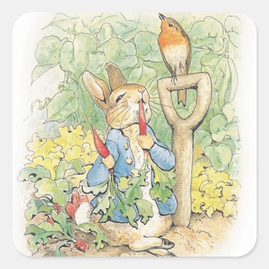 Peter Rabbit in the Garden - Beatrix Potter Vierkante Sticker (Voorkant)