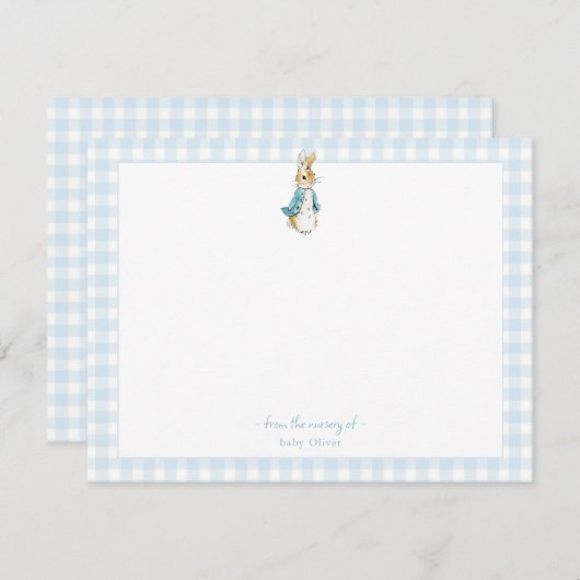 Peter Rabbit met blauwe Gingham Border Baby jongen Bedankkaart (Voorkant / Achterkant)