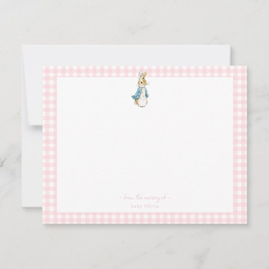Peter Rabbit met roze Gingham Border Baby meisje Bedankkaart (Voorkant)